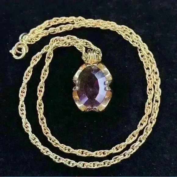 Gold Ribbon with Oval Amethyst Stone Necklace - Picture 1 of 5